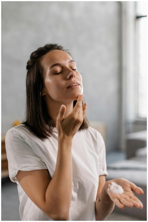 Young woman applying skincare cream to her face in