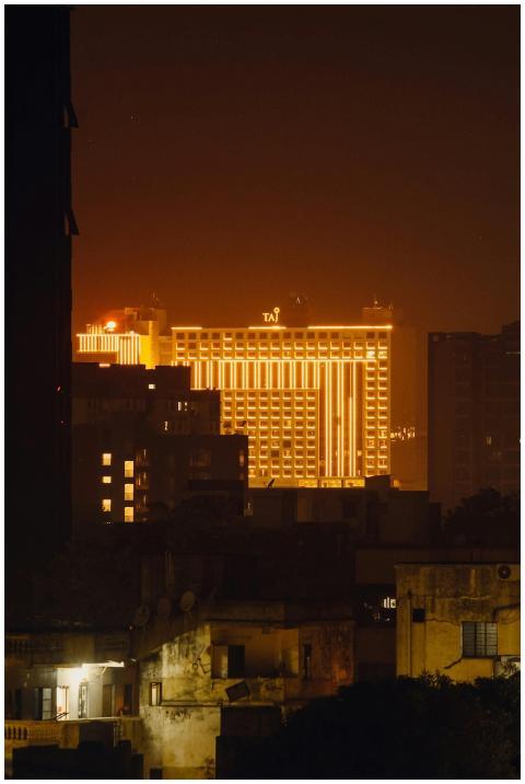 A striking view of the city's skyline with illumin
