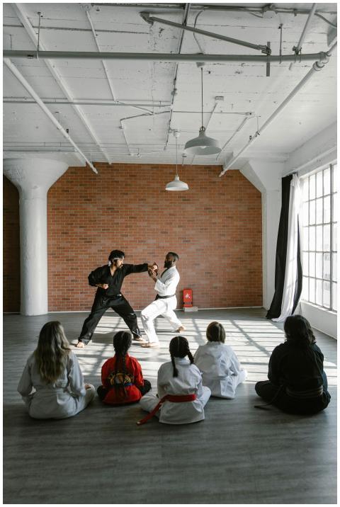 Two martial artists demonstrating techniques to a