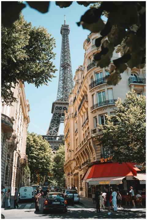A picturesque Paris street scene featuring the Eif
