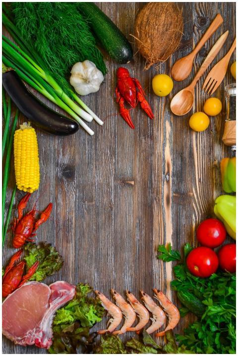 Colorful fresh ingredients including vegetables, s