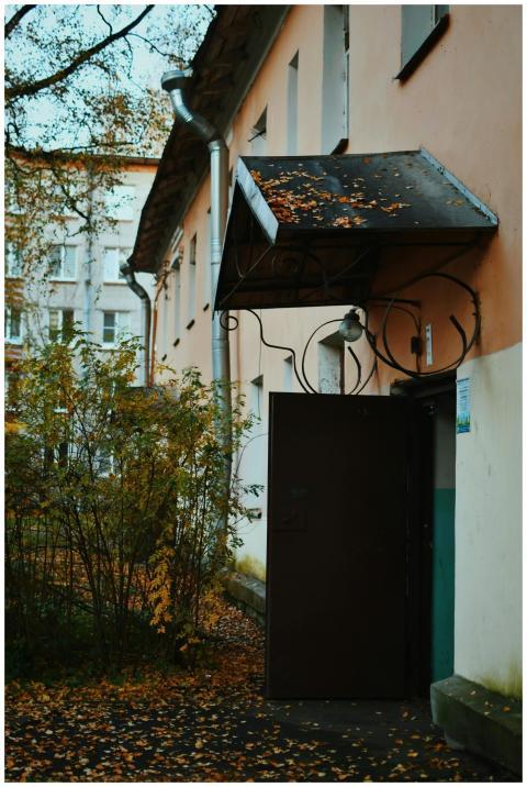 A building entrance with an open door, adorned by