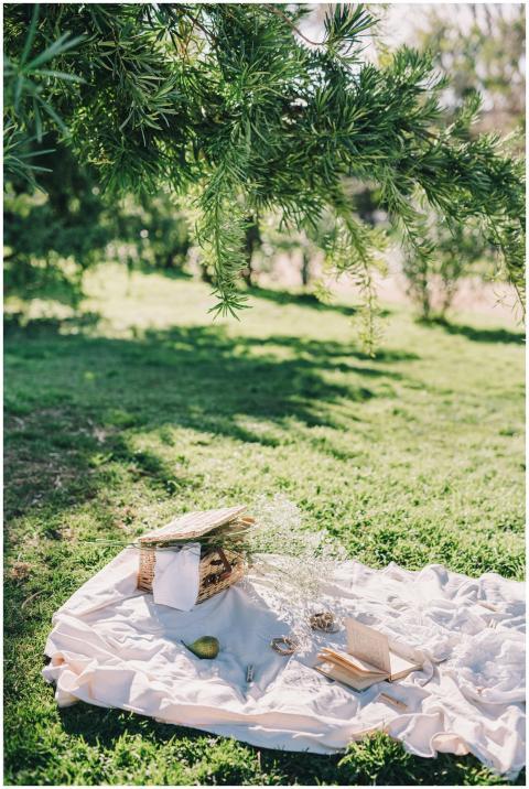 A peaceful picnic setup with a basket on a grassy