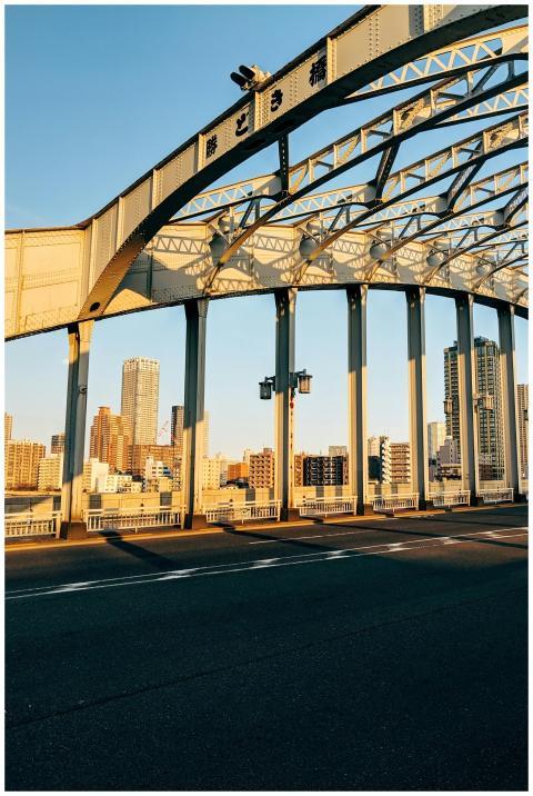 Urban scene of a steel bridge in Tokyo with skyscr