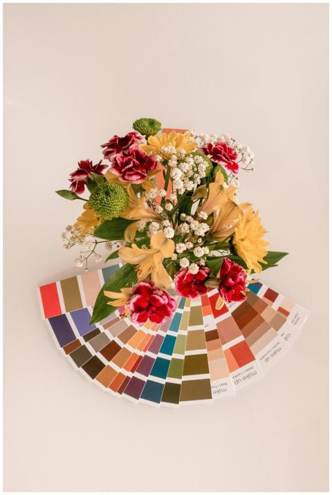 Aerial view of a colorful flower bouquet overlaid
