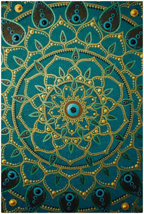 Detailed dot painting mandala artwork on teal back