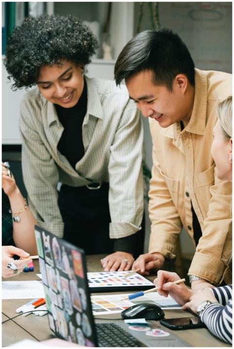 A diverse team collaboratively brainstorming on a