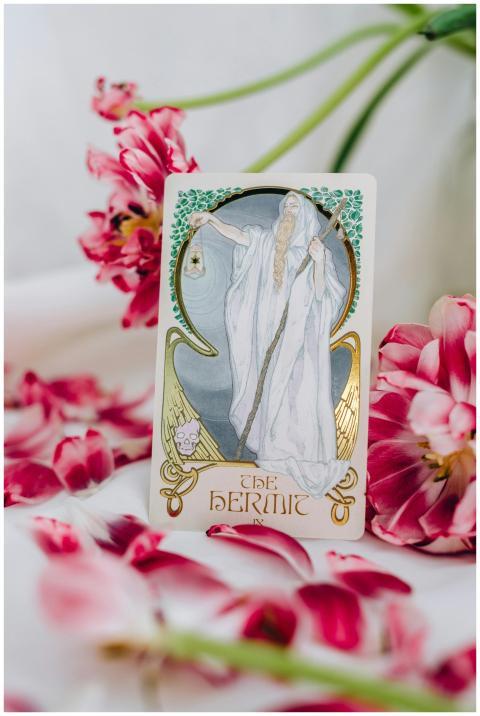 The Hermit tarot card surrounded by vivid pink flo