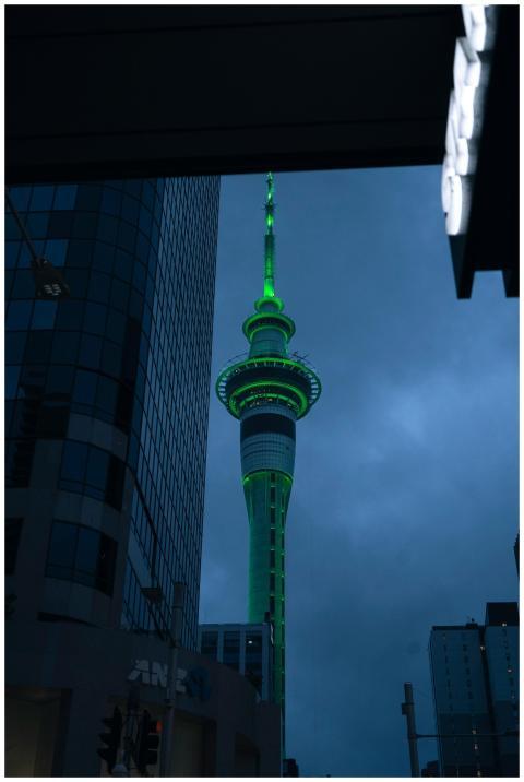 A dramatic view of the illuminated Sky Tower in Au