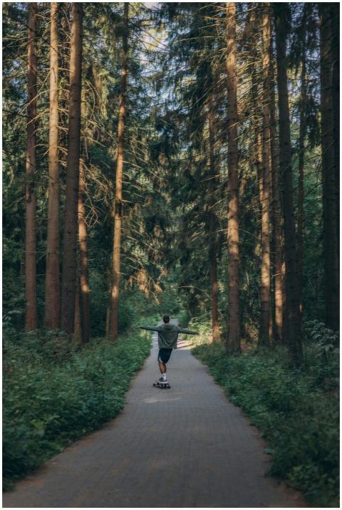 A person skateboards on a paved path in a sunlit f