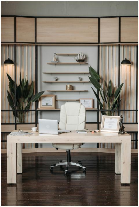 Elegant home office featuring a sleek desk, comfor
