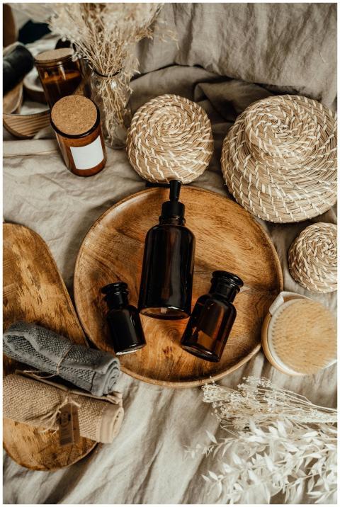 Eco-friendly skincare display with brown bottles o