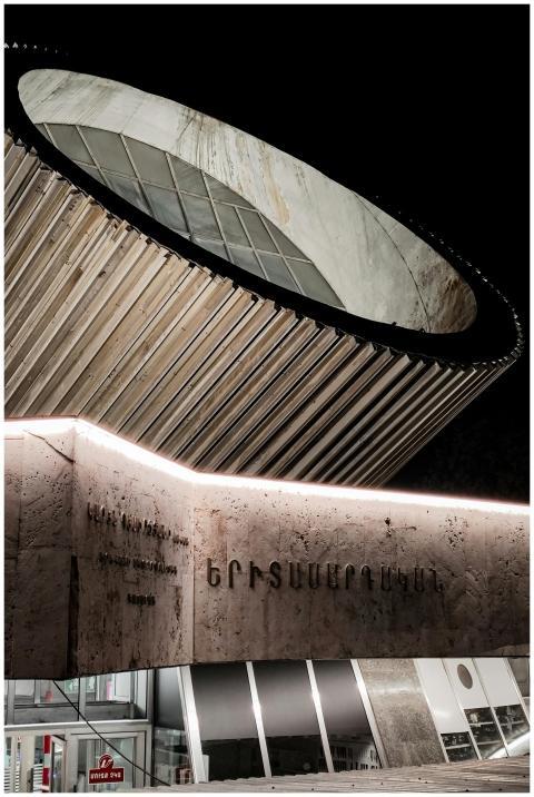Detailed night view of Yerevan's modern architectu