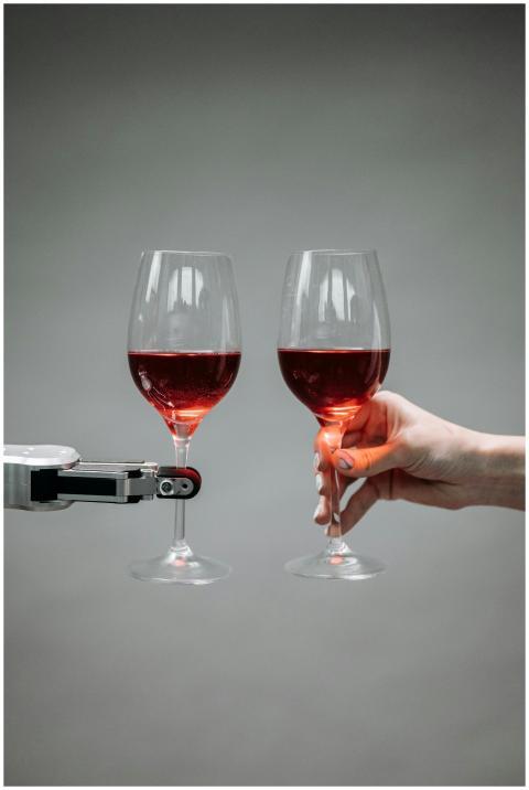 A robotic arm and human hand toasting with red win