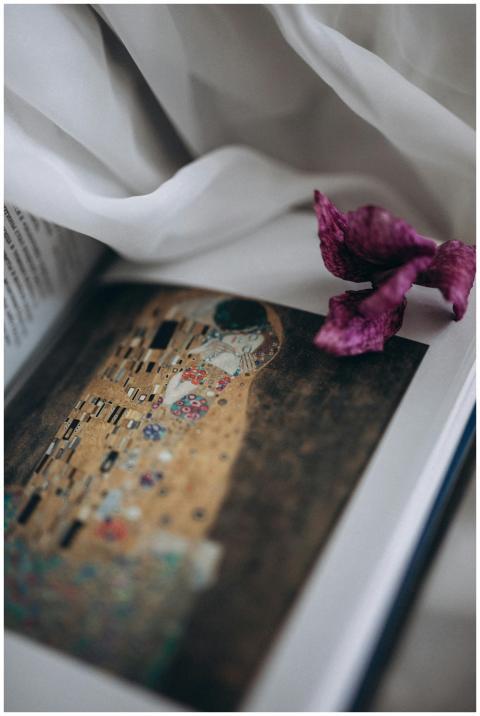 Open book displaying art with a purple flower and