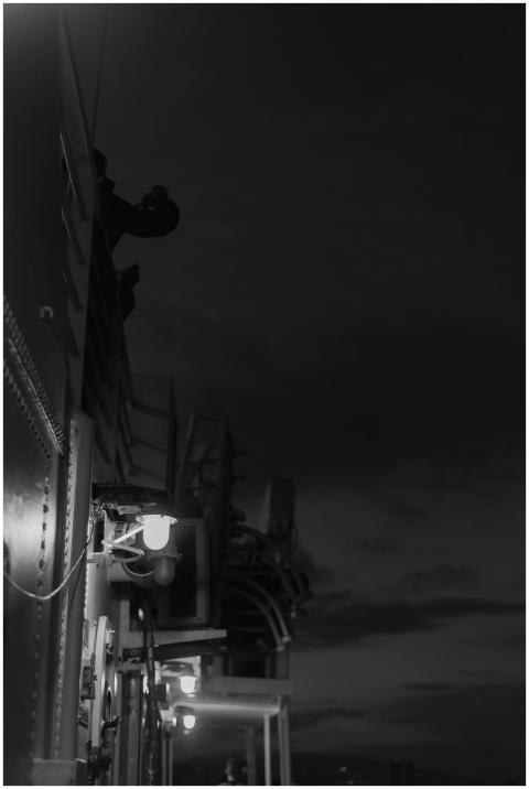 Atmospheric black and white photo of buildings and