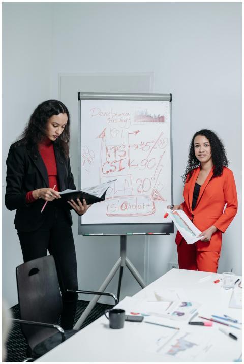 Two businesswomen discussing a project proposal us