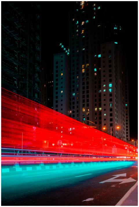 Vibrant night view of Dubai's skyscrapers with dyn
