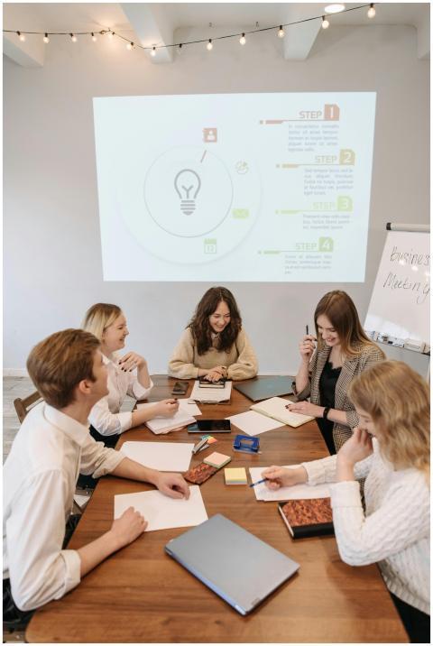 Team discussing ideas at a business meeting with a