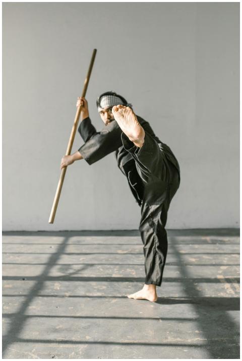 Talented martial artist executing a high kick whil