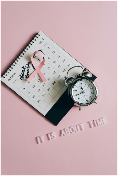 Close-up of a calendar with a pink ribbon and alar