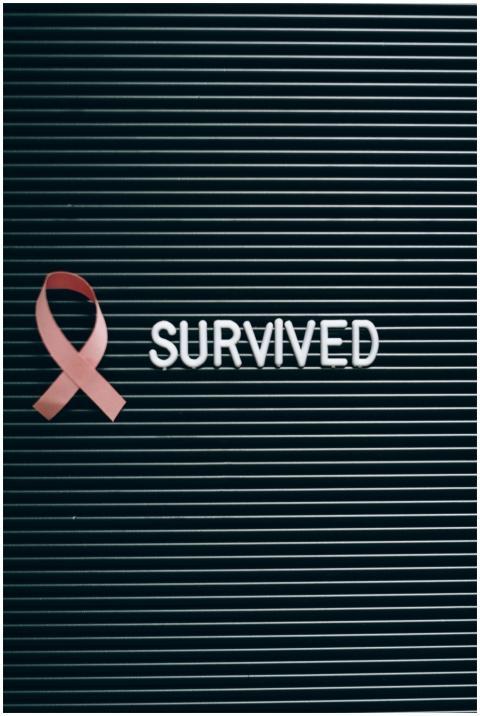 Pink ribbon and 'SURVIVED' note symbolizing breast