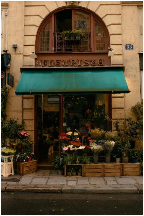 Charming Parisian flower shop with colorful blooms