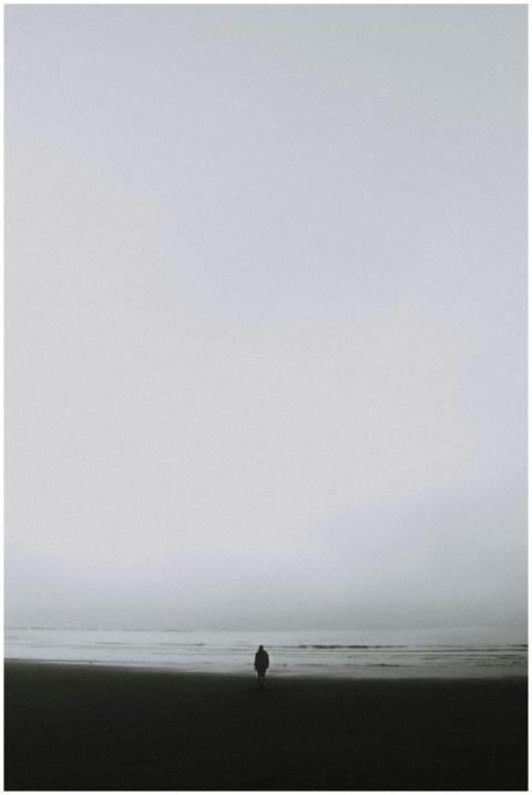 A solitary figure stands on a misty beach, evoking