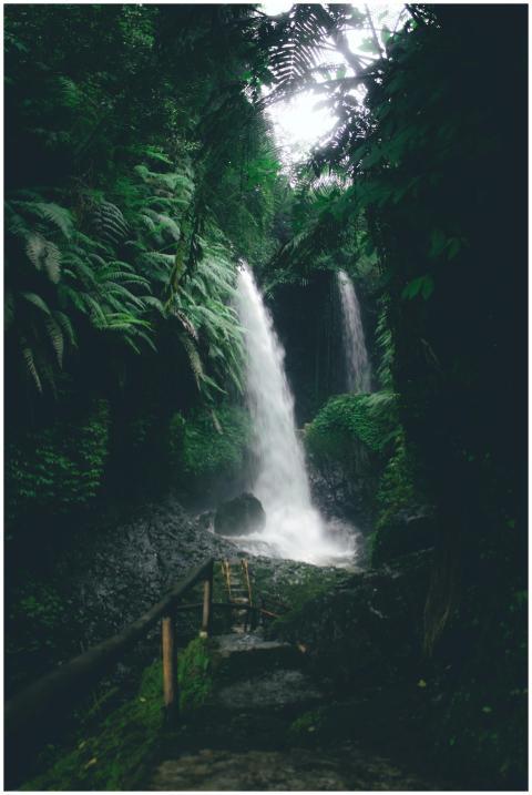 A tranquil waterfall cascades through lush greener