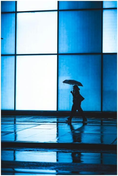 A silhouette of a person holding an umbrella, walk