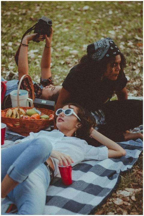 A relaxed picnic scene with friends enjoying a laz
