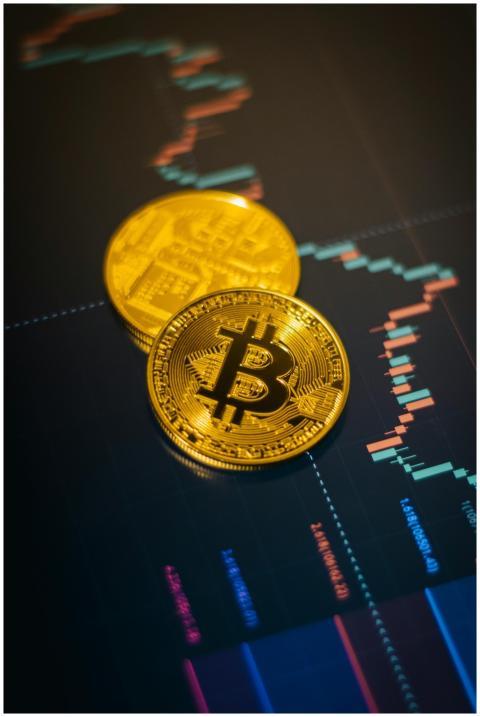 Golden Bitcoin coins on a fluctuating stock market