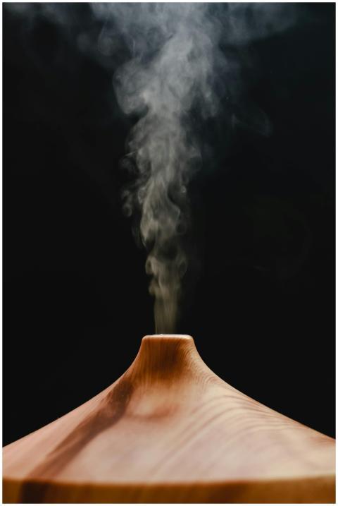 Elegant wooden diffuser releasing smoke on a black