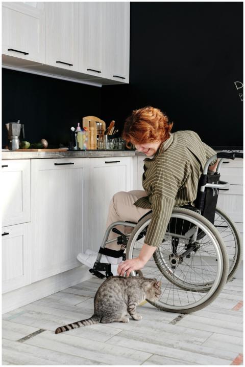 A woman in a wheelchair smiles while petting a tab