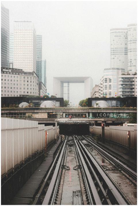 Railway leading into an urban cityscape with skysc