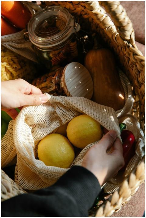 From above of crop anonymous person with bag full
