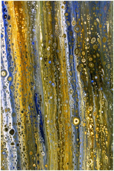Vibrant abstract fluid art with golden and blue to