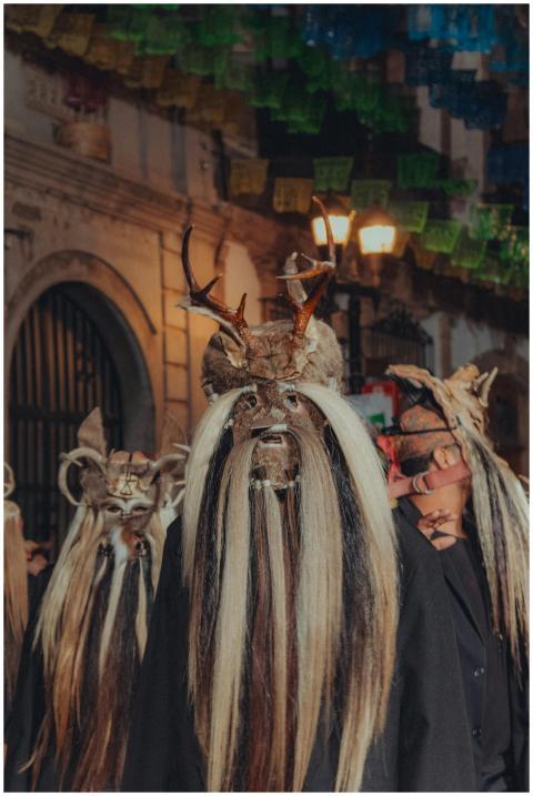 Masked individuals in traditional costumes at a vi