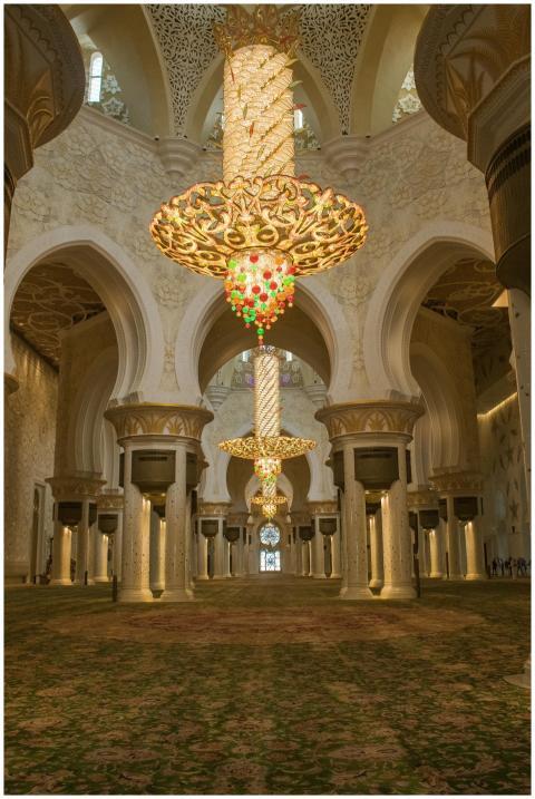 A stunning view of the ornate chandeliers inside t