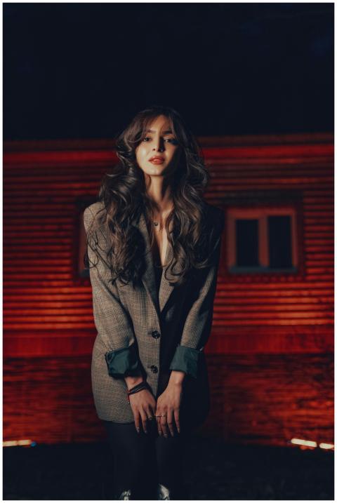 Fashion portrait of a woman with long brown hair i