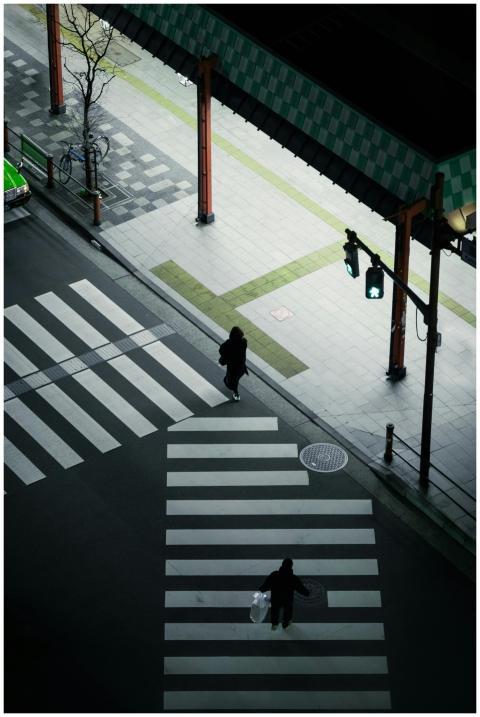 Aerial view of pedestrians crossing a zebra crossi