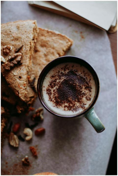 A cup of coffee paired with a slice of homemade ca