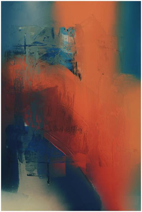 Vibrant abstract artwork featuring bold red and bl