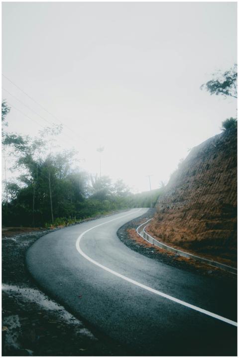 A winding road through a misty forest in Kota Tasi