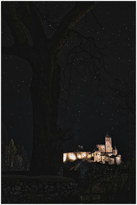 A beautifully illuminated castle set against a sta