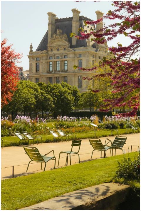 Serene view of a Parisian garden with iconic archi