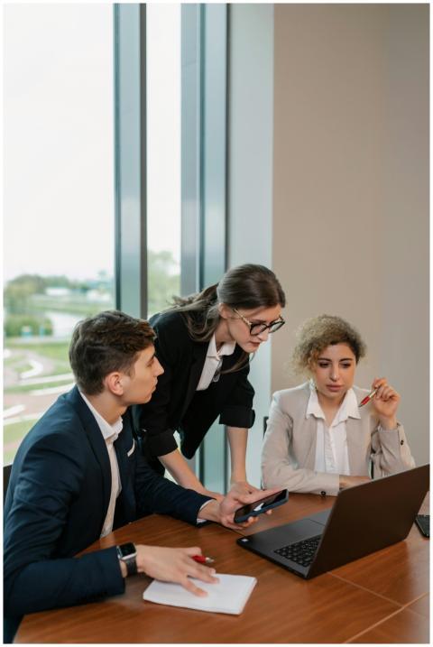 Group of business professionals discussing work at