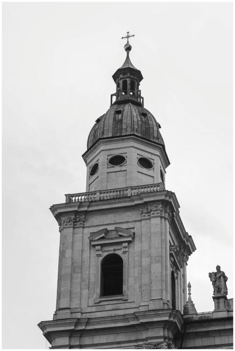 Black and white photo of a historic church tower i