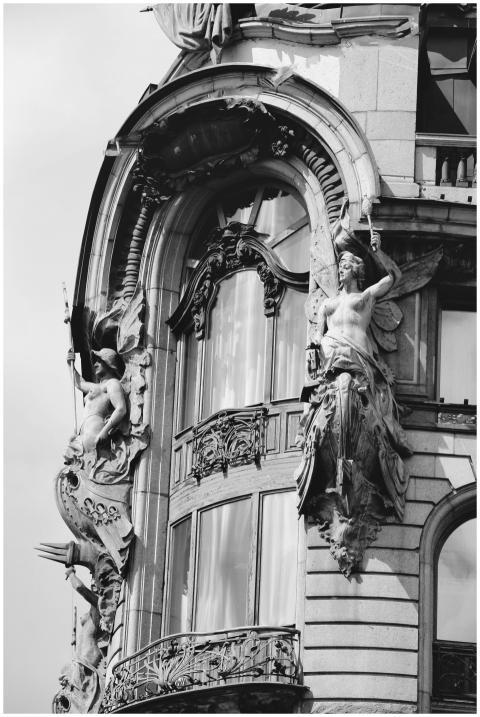 Black and white photo of ornate Art Nouveau detail