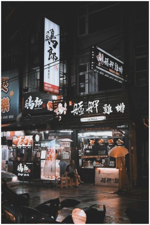 Illuminated food stalls and street life at night i